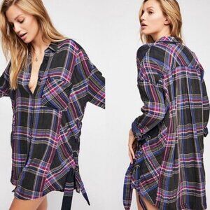 Free People Nordic Day Cozy Flannel Top Blue Plaid Lace-Up Sides Size L